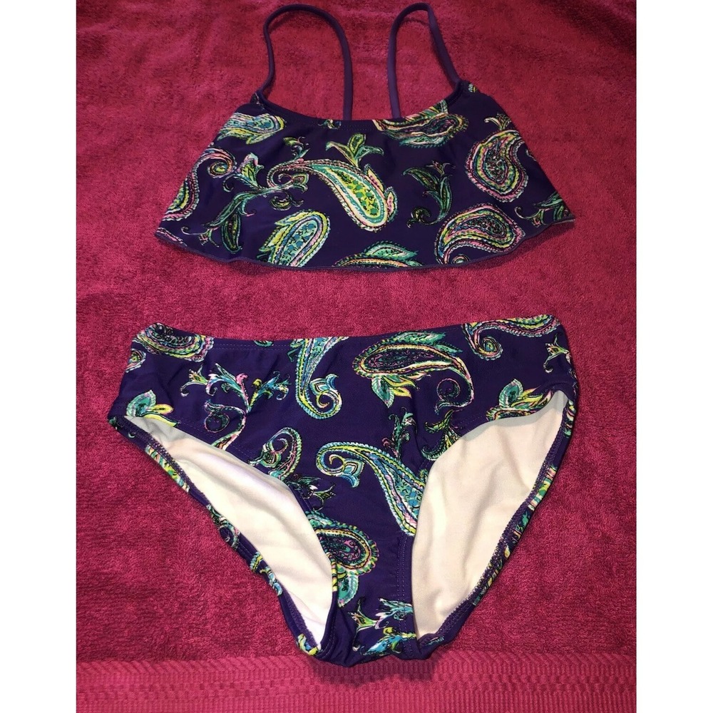 Kanu‎ Surf Girls' Bikini Beach Sport 2 PC Swimsuit, Size 12 Purple Blue Paisley